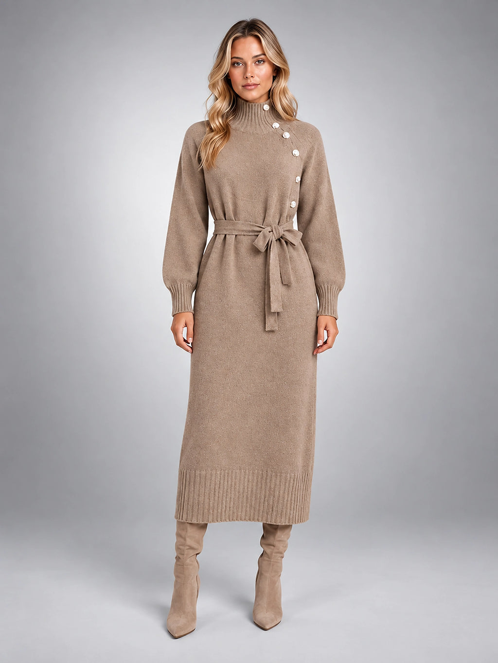 Women's Knit Midi Dress – Belted Asymmetric Button Front - Taupe