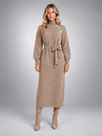 Women's Knit Midi Dress – Belted Asymmetric Button Front - Taupe