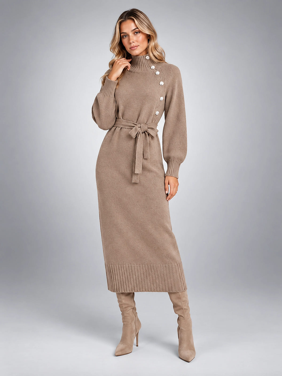 Women's Knit Midi Dress – Belted Asymmetric Button Front - Taupe