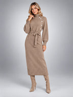 Women's Knit Midi Dress – Belted Asymmetric Button Front - Taupe