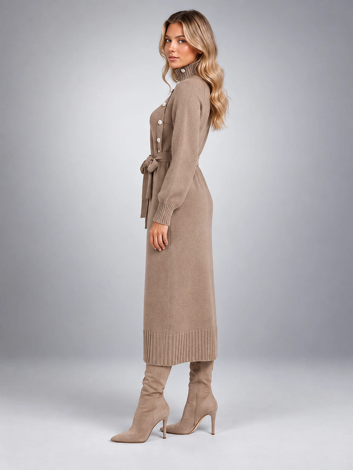 Women's Knit Midi Dress – Belted Asymmetric Button Front - Taupe