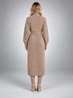 Women's Knit Midi Dress – Belted Asymmetric Button Front - Taupe