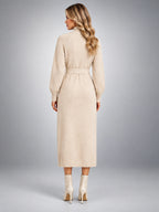 Women's Knit Midi Dress – Belted Asymmetric Button Front - Ivory