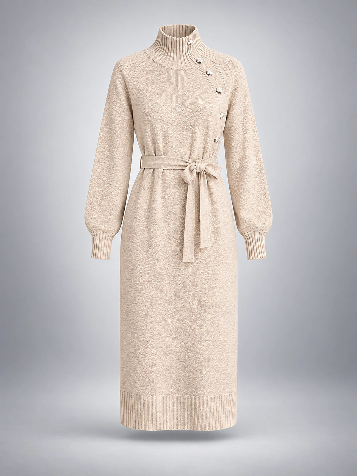 Women's Knit Midi Dress – Belted Asymmetric Button Front - Ivory