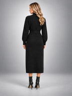 Women's Knit Midi Dress – Belted Asymmetric Button Front - Black