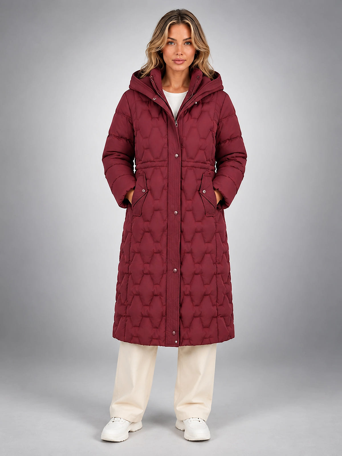 Women's Star Quilted Puffer Coat – Longline Hooded - Burgundy