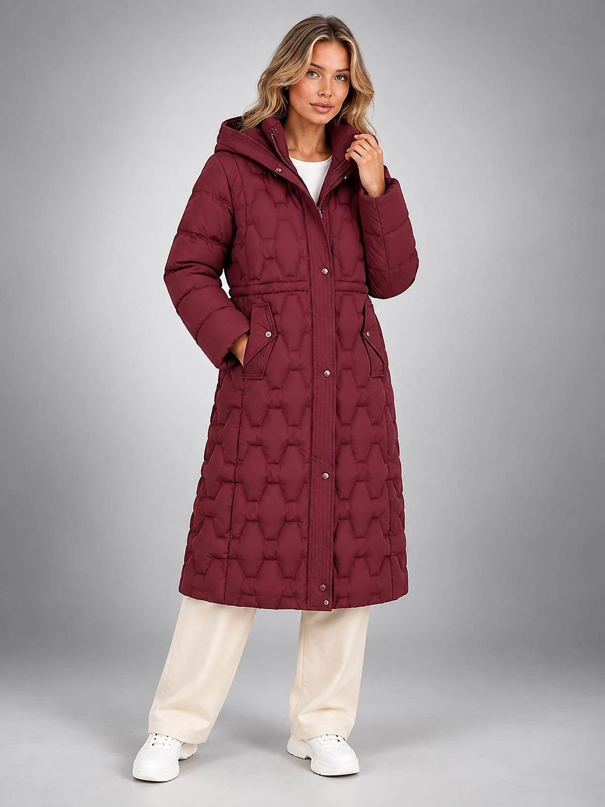 Women's Star Quilted Puffer Coat – Longline Hooded - Burgundy