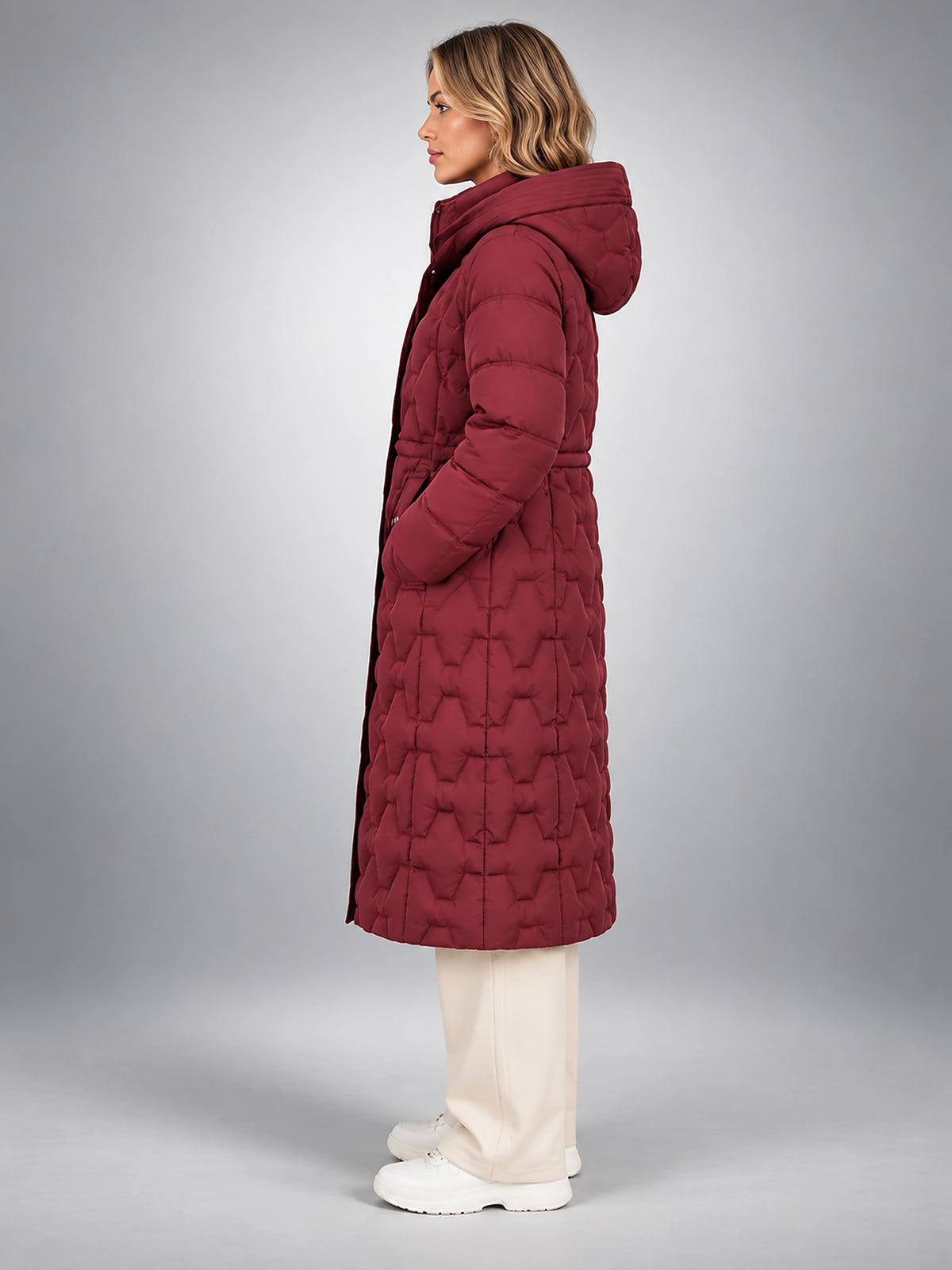 Women's Star Quilted Puffer Coat – Longline Hooded - Burgundy