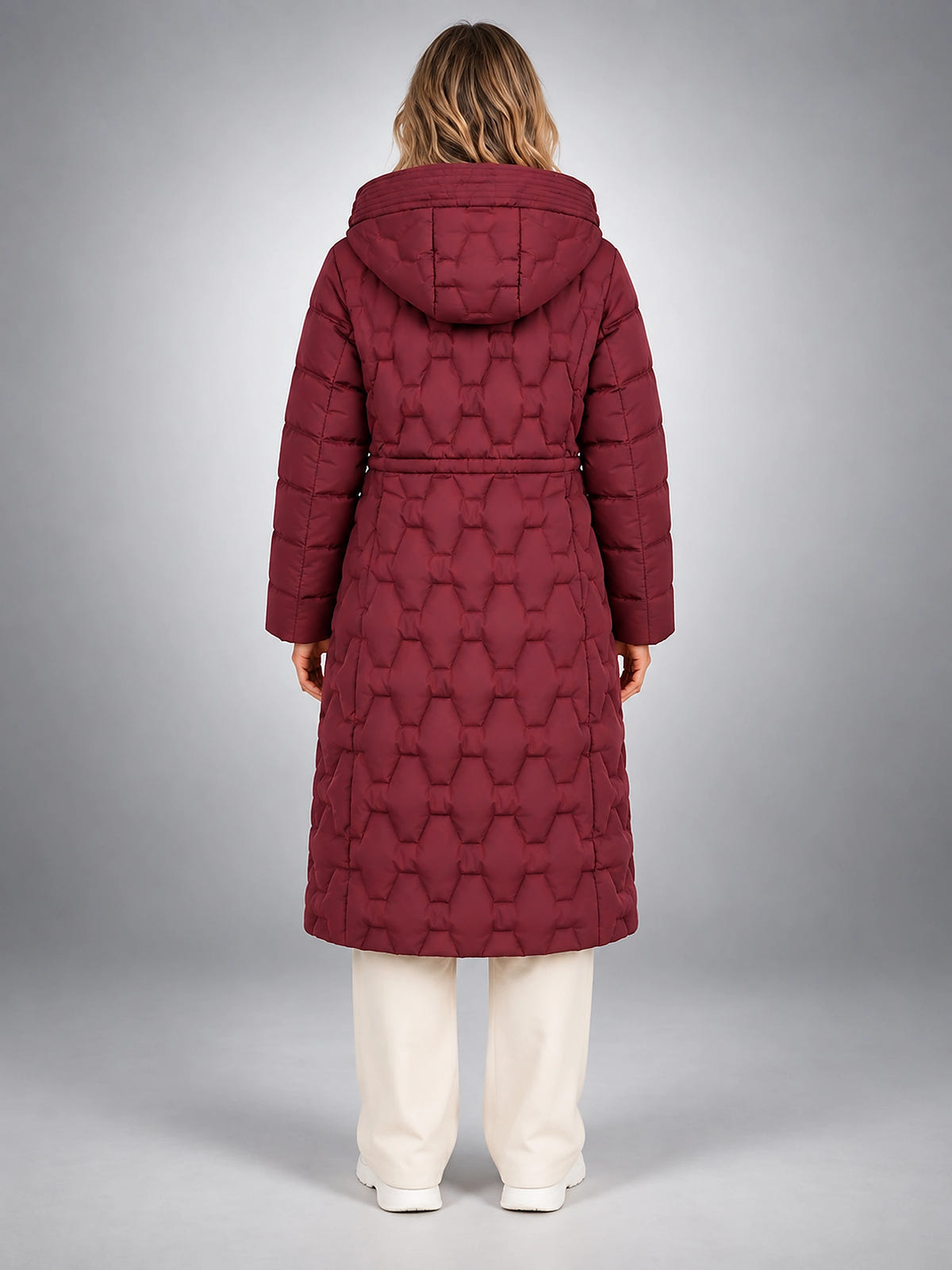 Women's Star Quilted Puffer Coat – Longline Hooded - Burgundy