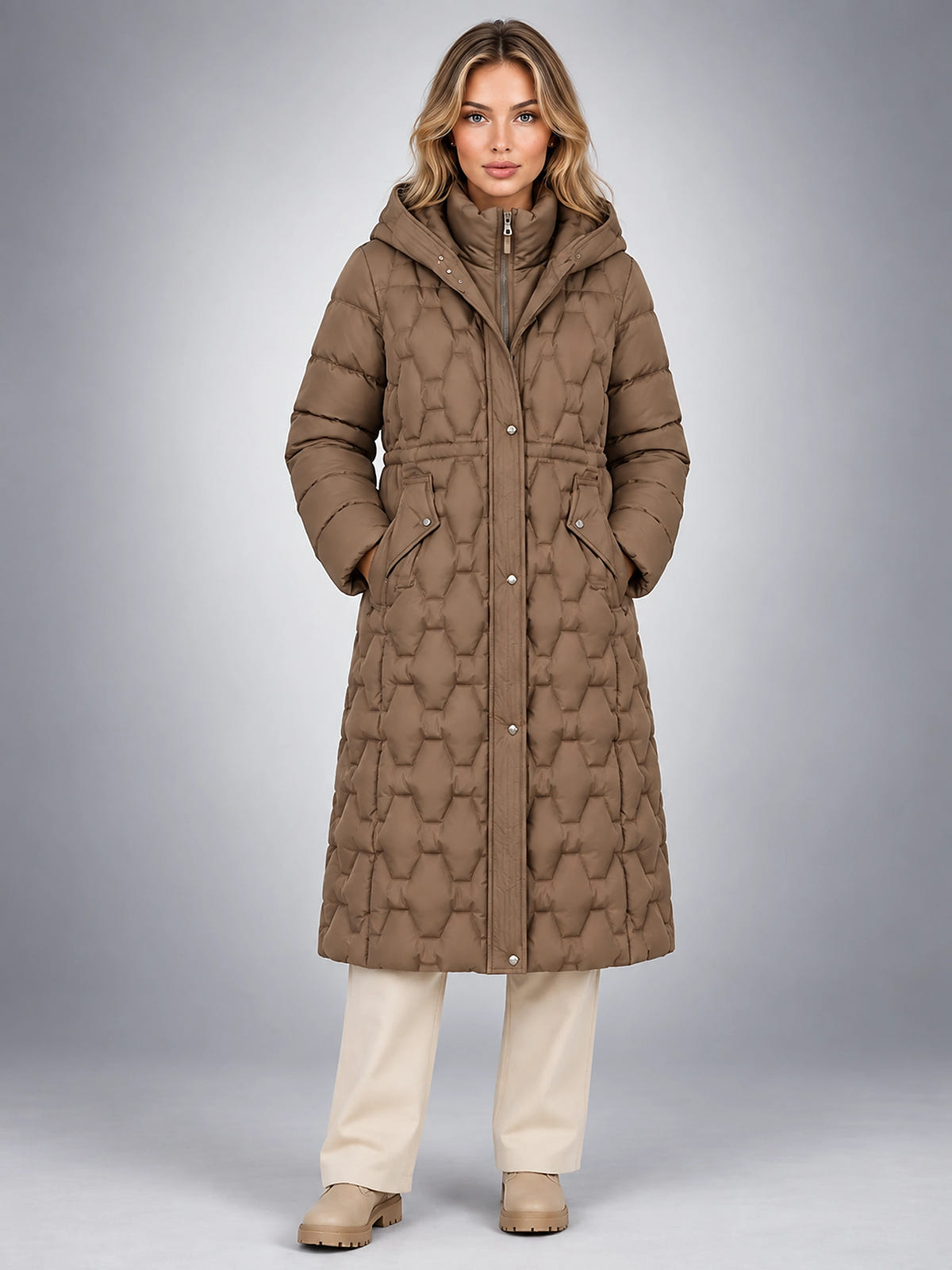 Women's Star Quilted Puffer Coat – Longline Hooded - Taupe