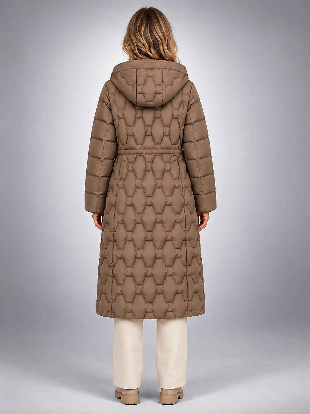 Women's Star Quilted Puffer Coat – Longline Hooded - Taupe