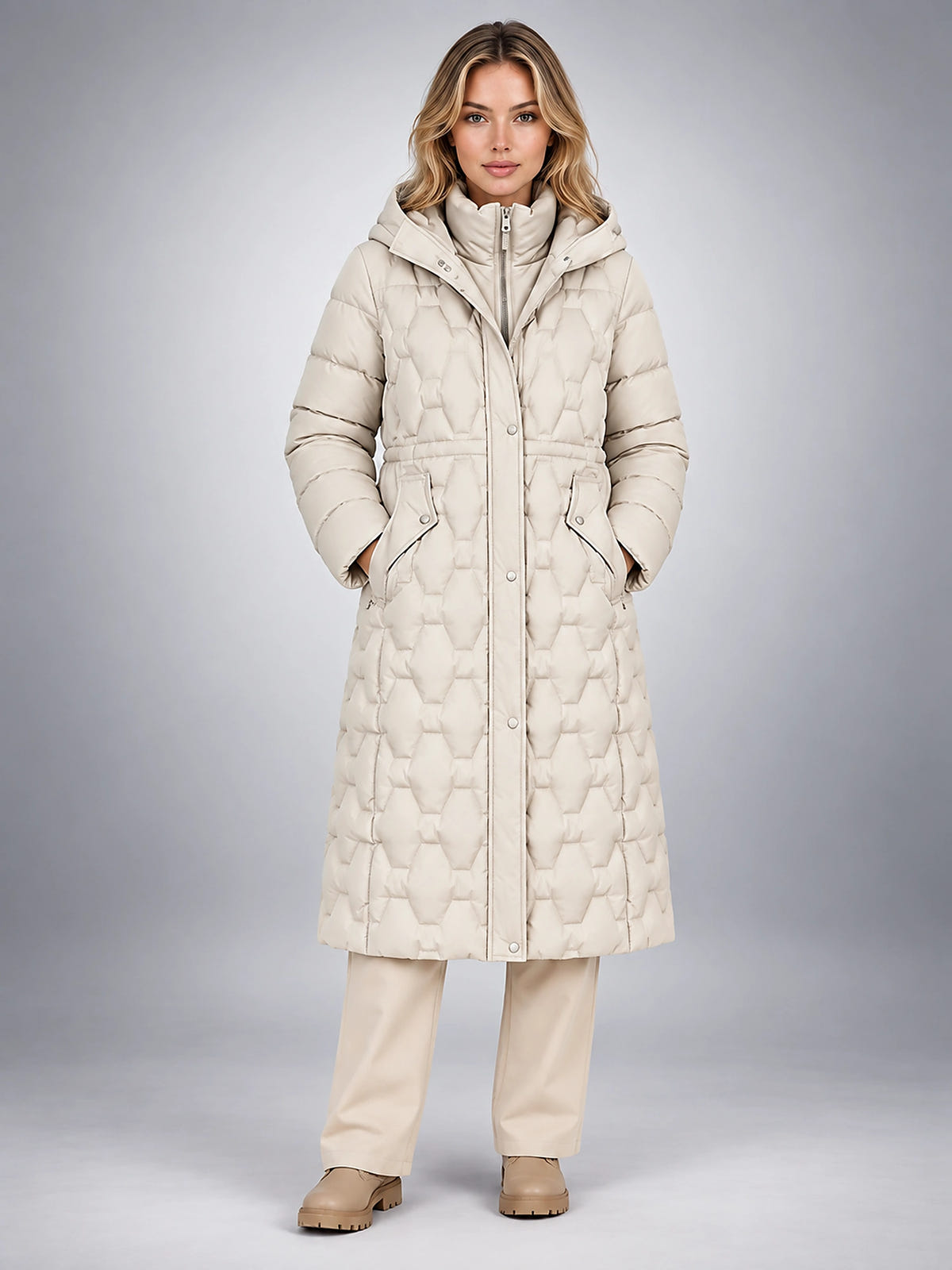 Women's Star Quilted Puffer Coat – Longline Hooded - Ivory