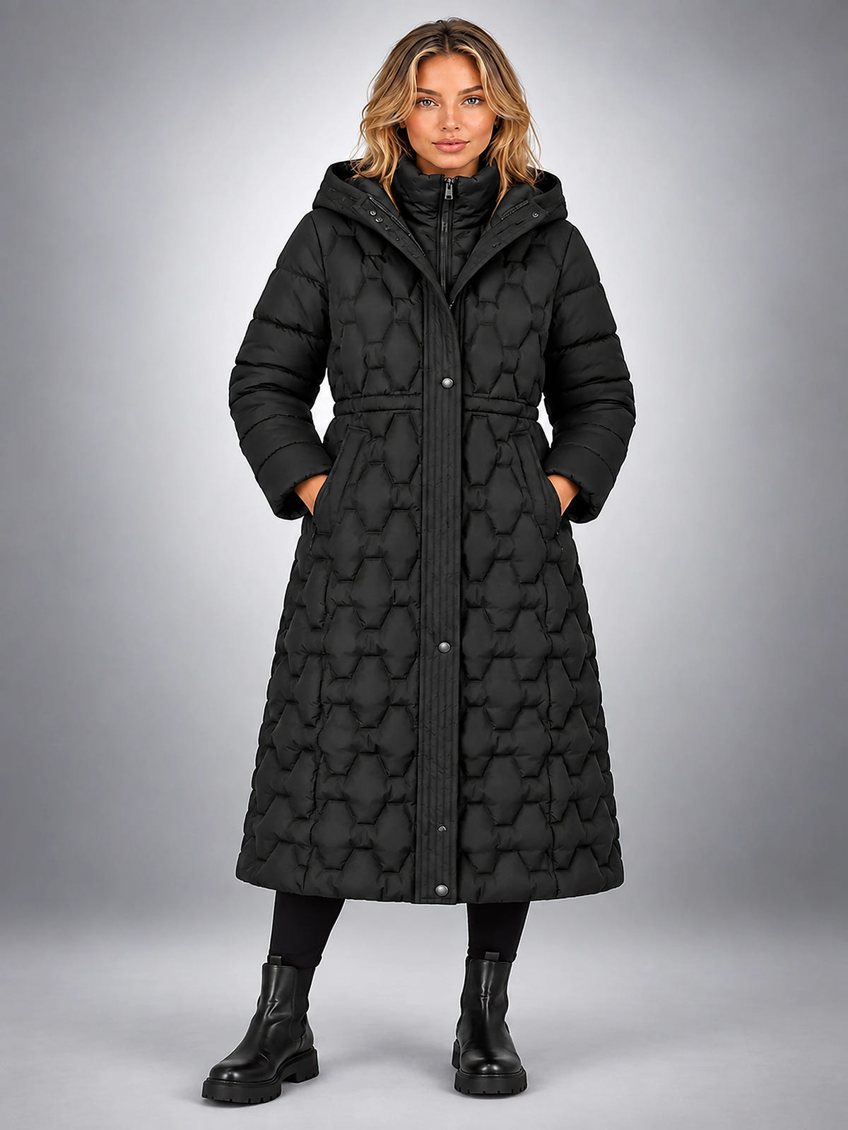 Women's Star Quilted Puffer Coat – Longline Hooded - Black