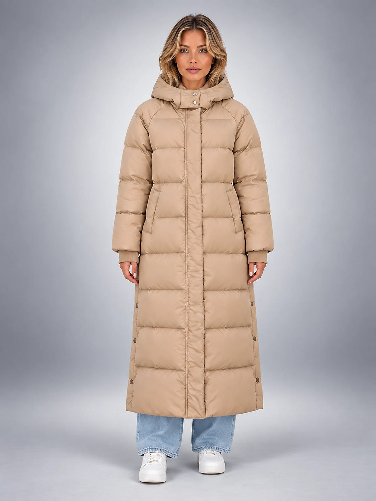 Women's Hooded Puffer Coat – Channel Quilted Longline - Beige