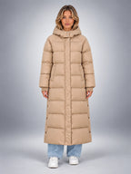 Women's Hooded Puffer Coat – Channel Quilted Longline - Beige