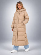 Women's Hooded Puffer Coat – Channel Quilted Longline - Beige