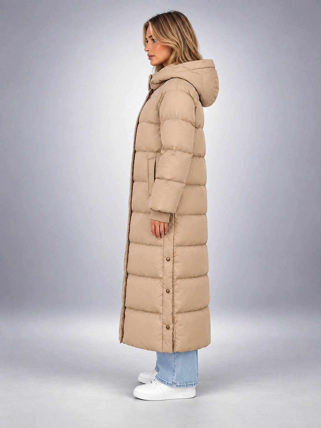 Women's Hooded Puffer Coat – Channel Quilted Longline - Beige