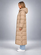 Women's Hooded Puffer Coat – Channel Quilted Longline - Beige