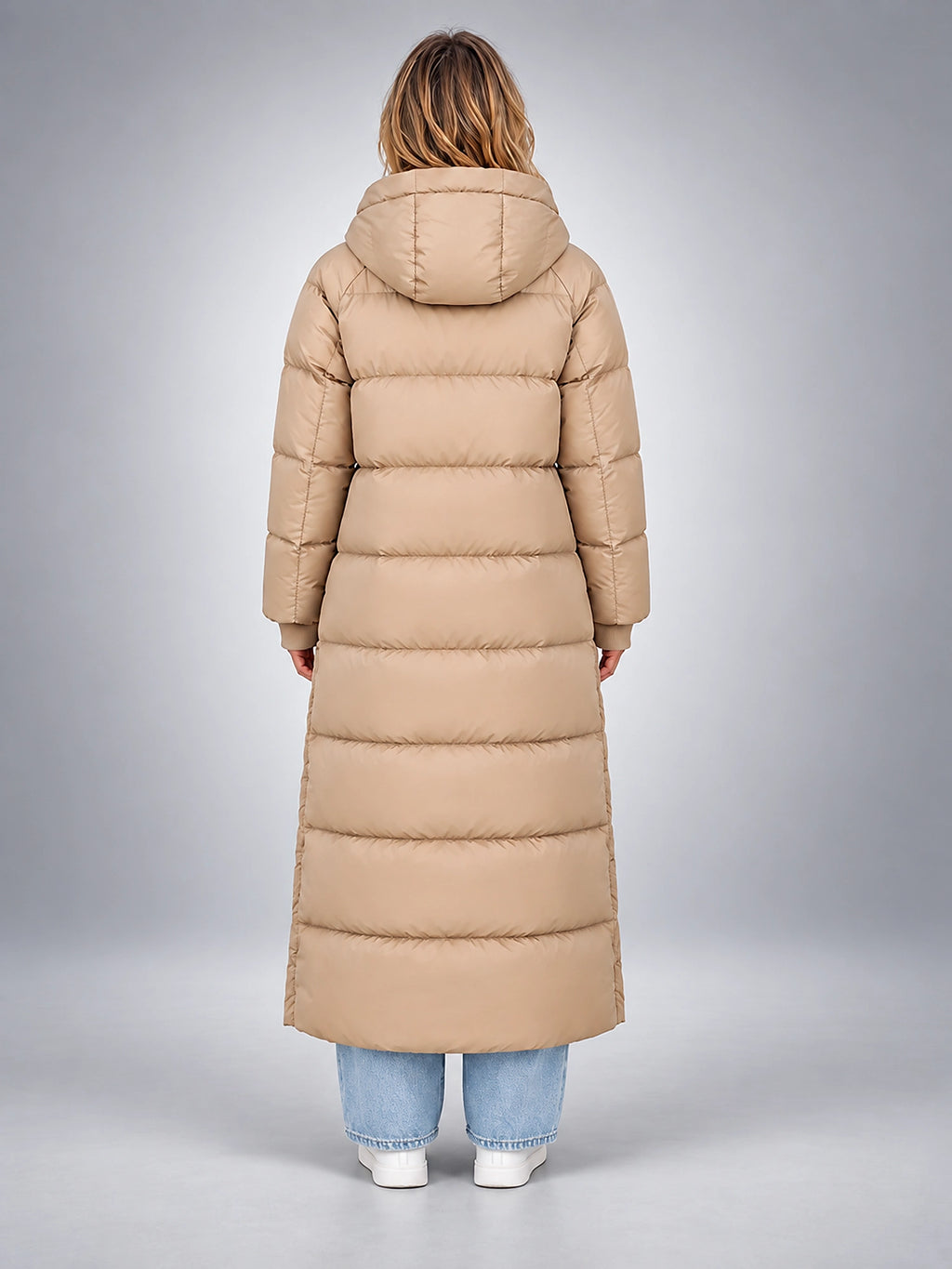 Women's Hooded Puffer Coat – Channel Quilted Longline - Beige