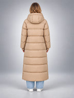 Women's Hooded Puffer Coat – Channel Quilted Longline - Beige