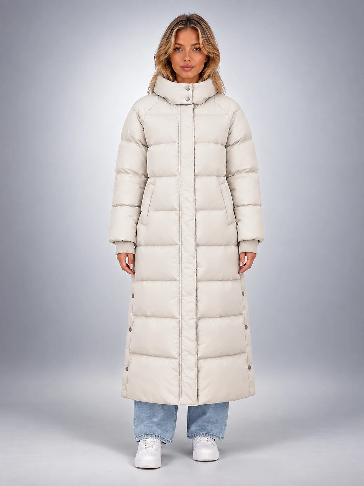 Women's Hooded Puffer Coat – Channel Quilted Longline - Ivory