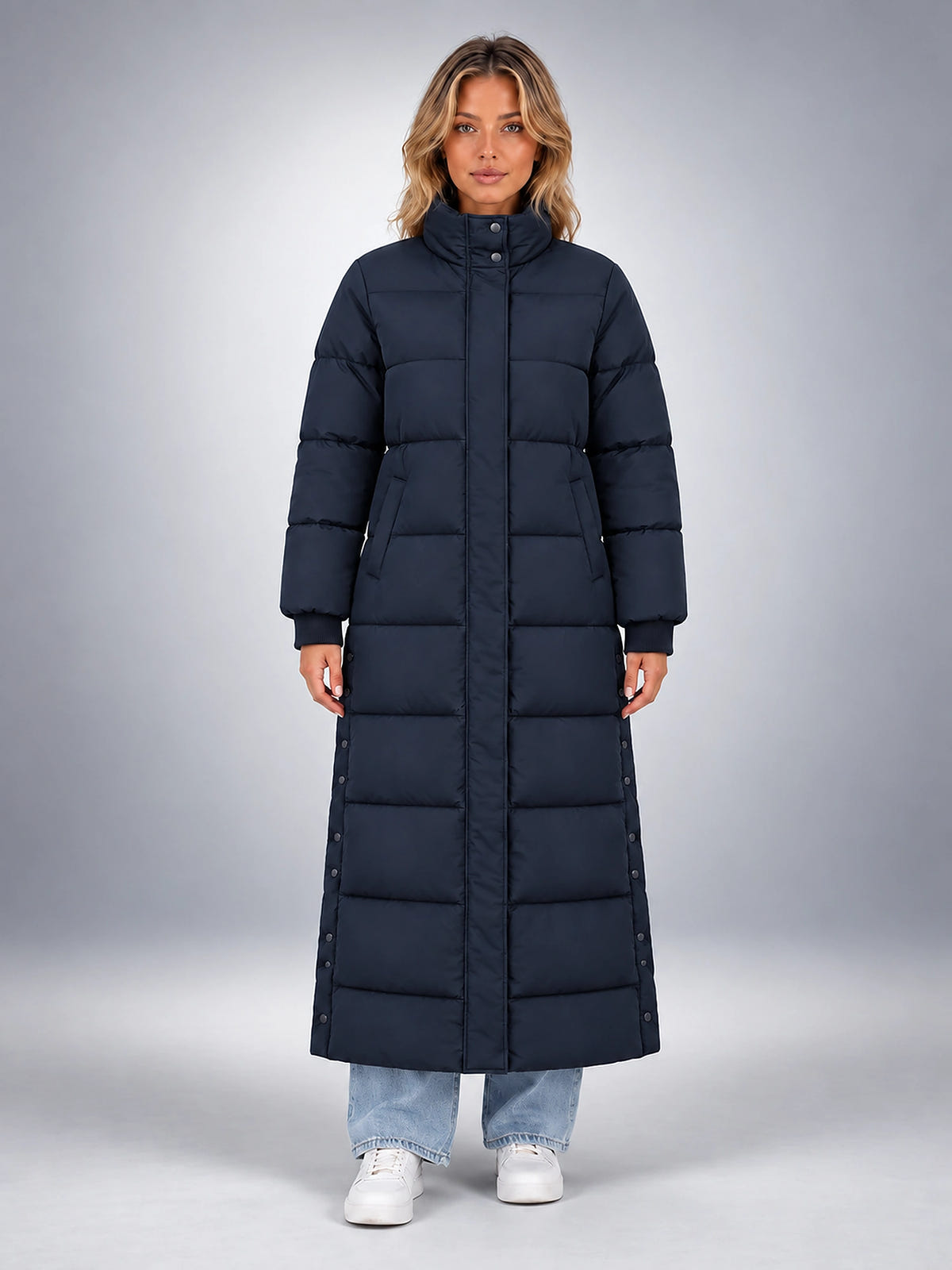 Women's Hooded Puffer Coat – Channel Quilted Longline - Navy