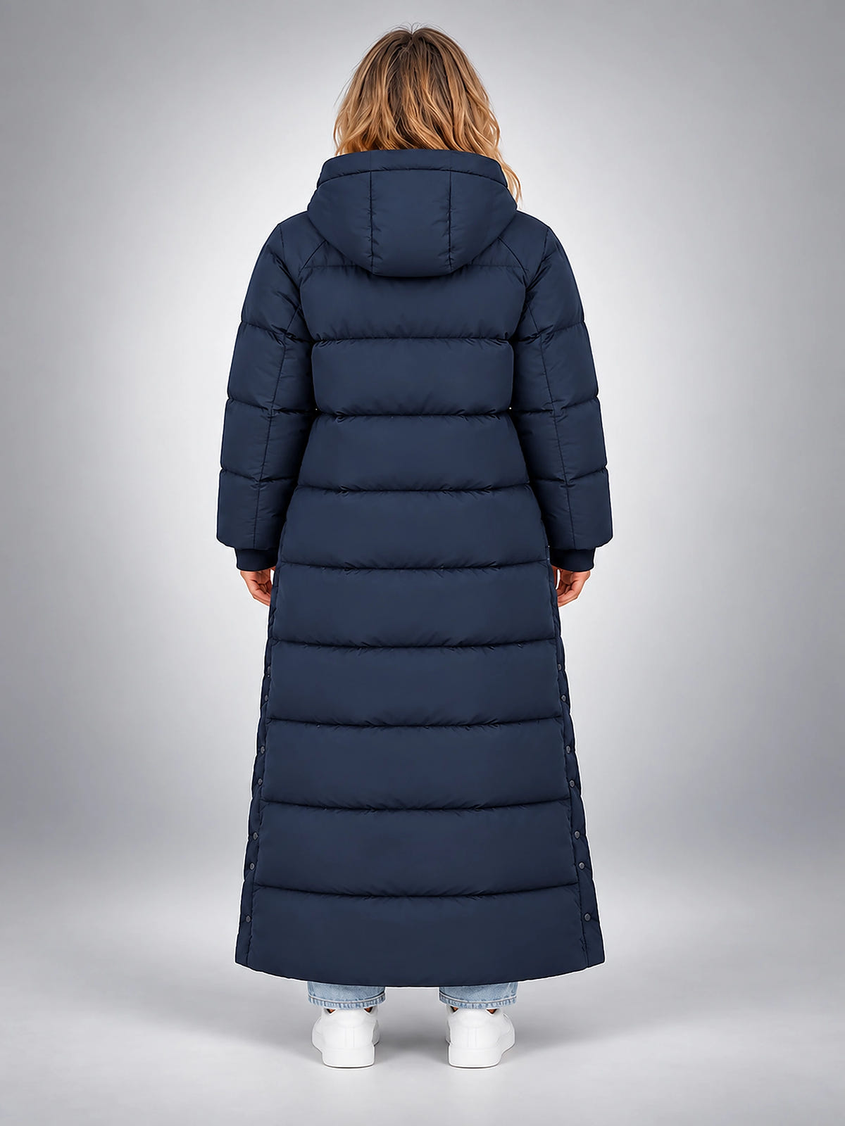 Women's Hooded Puffer Coat – Channel Quilted Longline - Navy