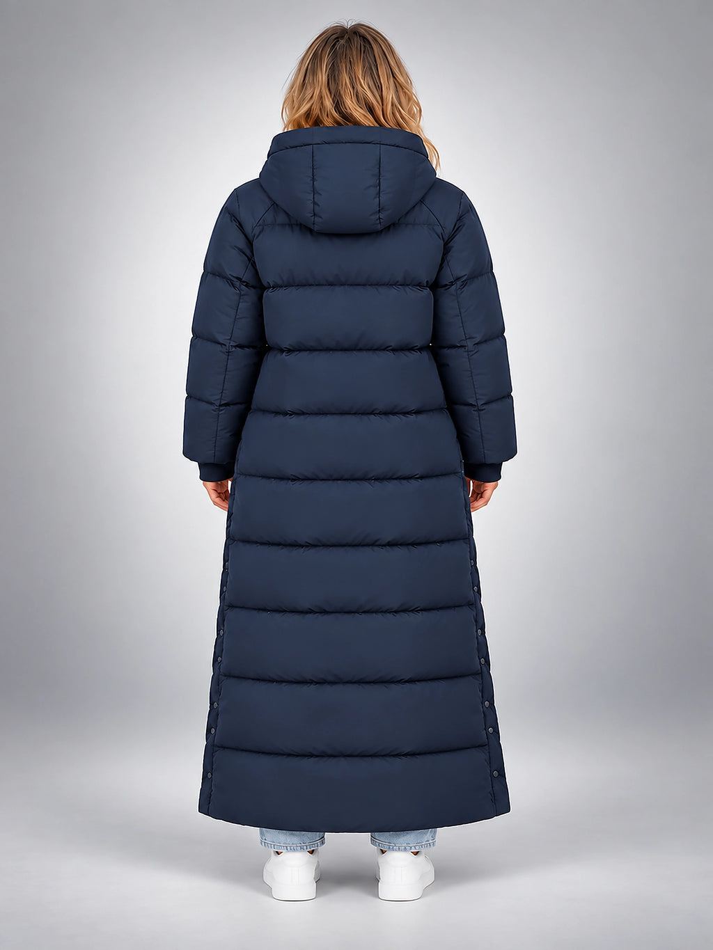 Women's Hooded Puffer Coat – Channel Quilted Longline - Navy