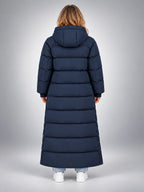 Women's Hooded Puffer Coat – Channel Quilted Longline - Navy