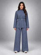Women's Pinstripe Pant Set – Belted Wide Leg - Slate Blue