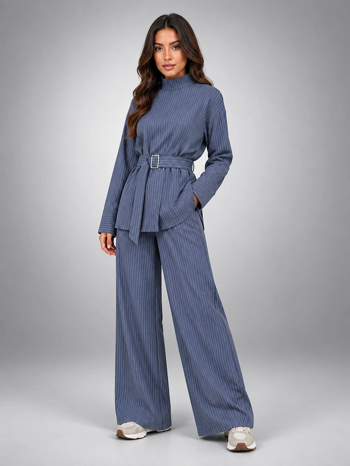 Women's Pinstripe Pant Set – Belted Wide Leg - Slate Blue