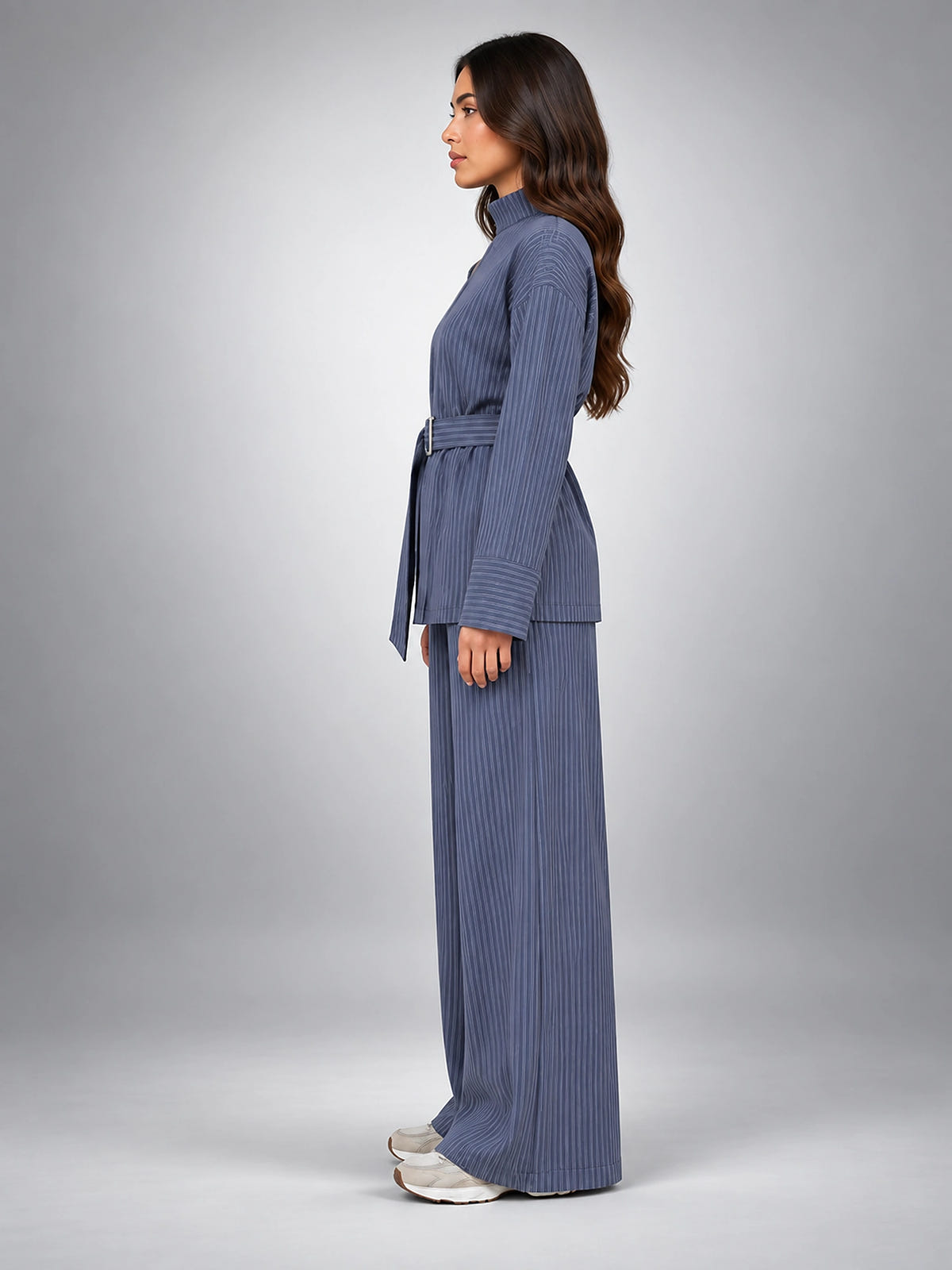Women's Pinstripe Pant Set – Belted Wide Leg - Slate Blue