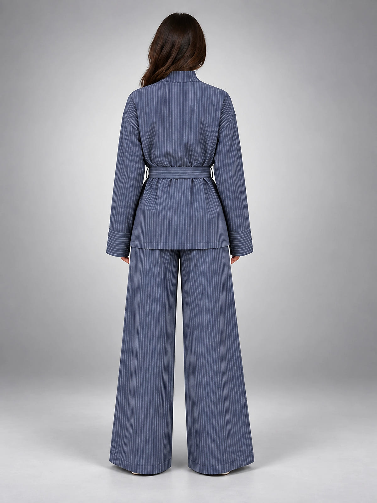Women's Pinstripe Pant Set – Belted Wide Leg - Slate Blue