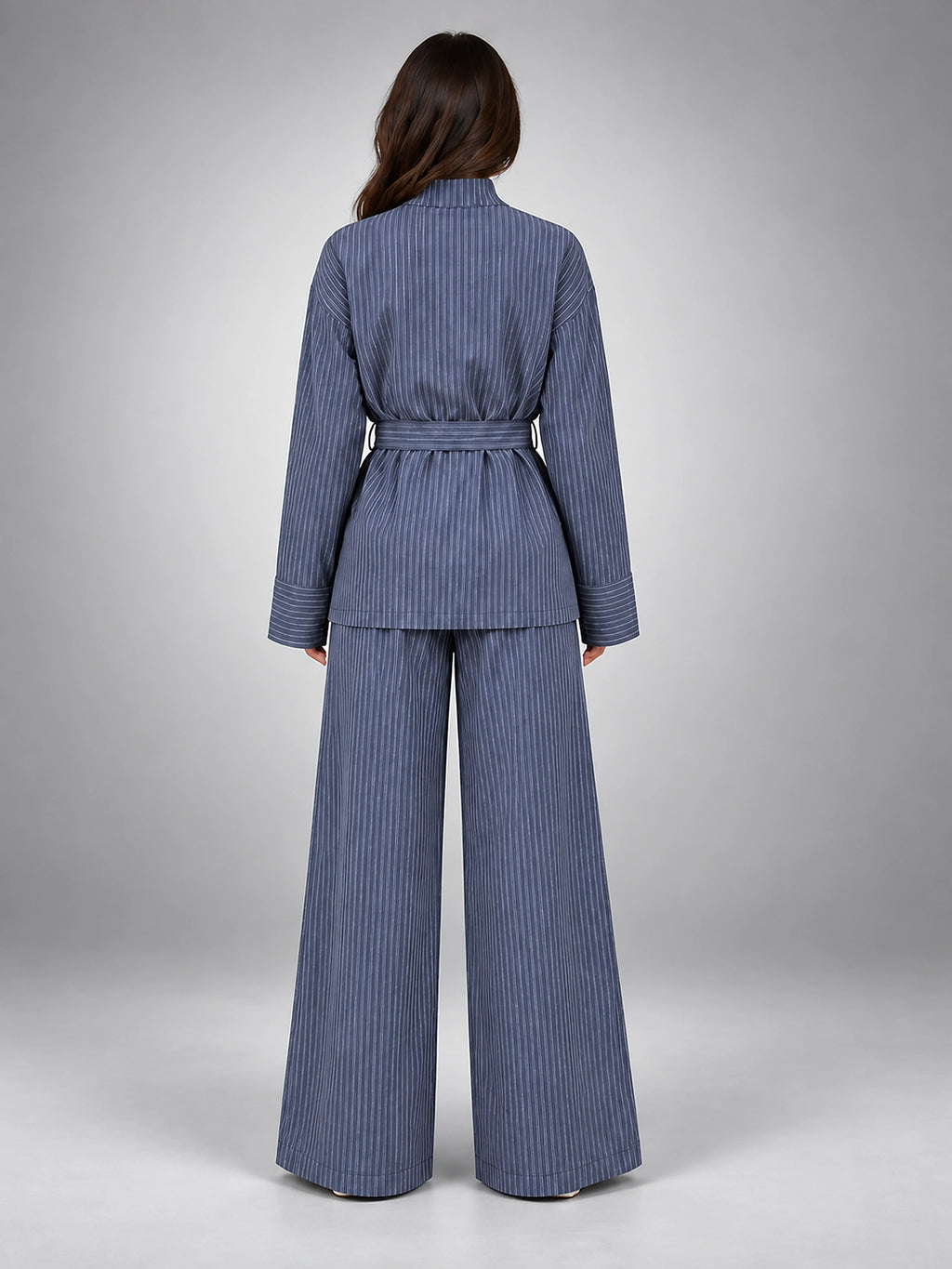 Women's Pinstripe Pant Set – Belted Wide Leg - Slate Blue