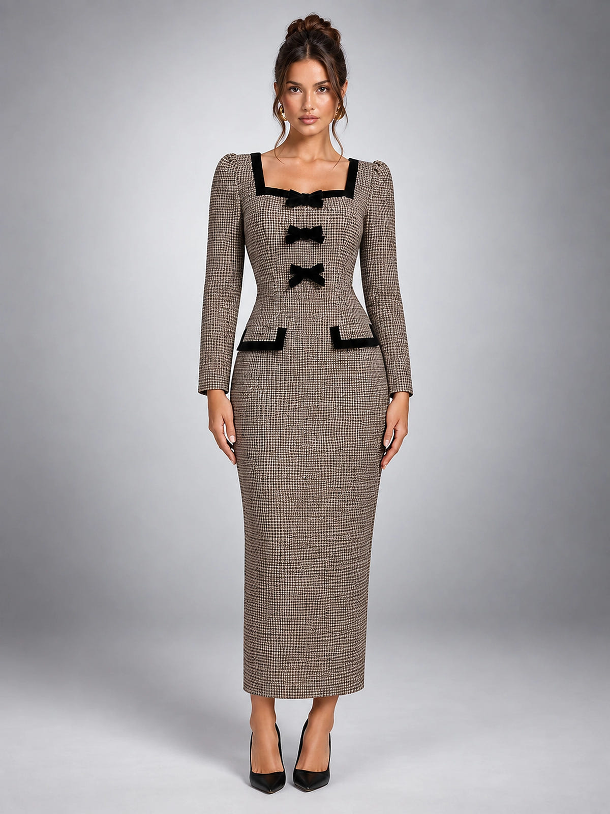 Women's Houndstooth Tweed Dress – Midi Length Bow Detail - Brown Houndstooth