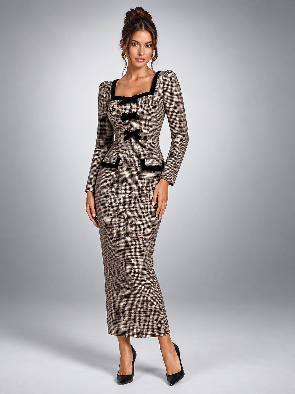 Women's Houndstooth Tweed Dress – Midi Length Bow Detail - Brown Houndstooth