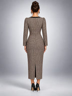 Women's Houndstooth Tweed Dress – Midi Length Bow Detail - Brown Houndstooth