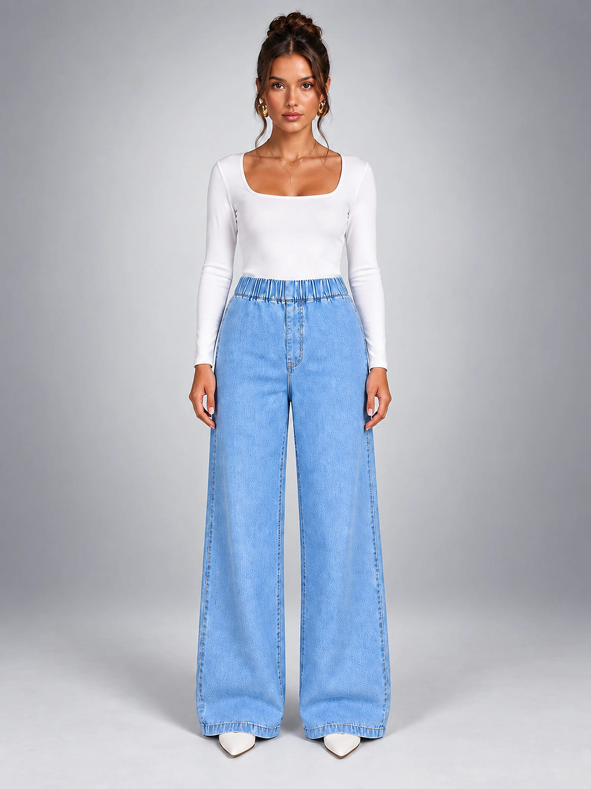 Women's Wide Leg Jeans – Light Wash Elastic Waist - Light Wash Blue