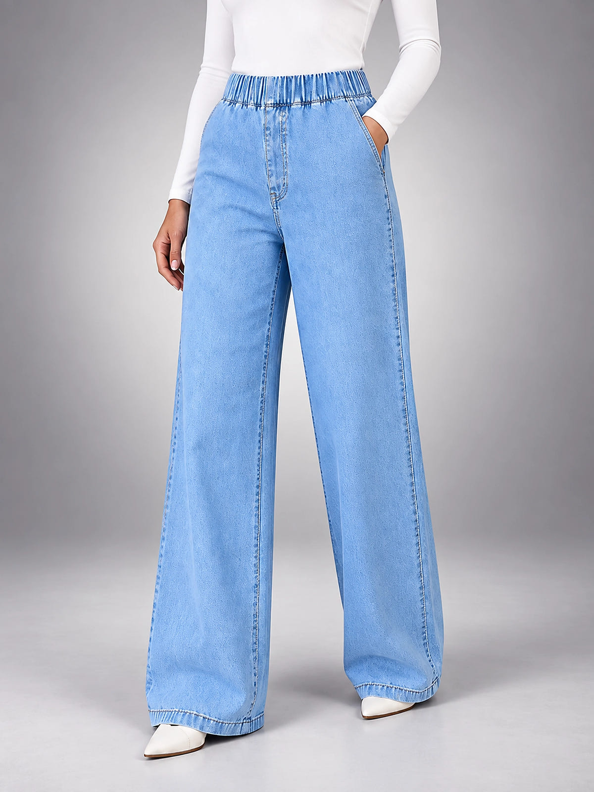 Women's Wide Leg Jeans – Light Wash Elastic Waist - Light Wash Blue