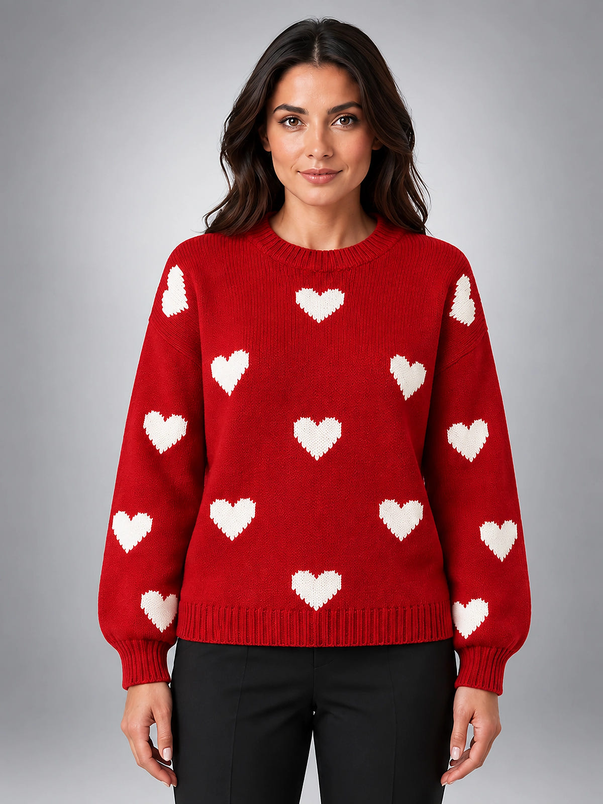 Women's Heart Print Crewneck Sweater – Two Tone Knit - Red/Ivory