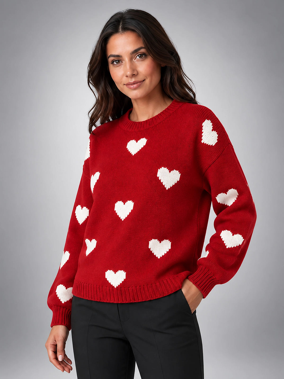 Women's Heart Print Crewneck Sweater – Two Tone Knit