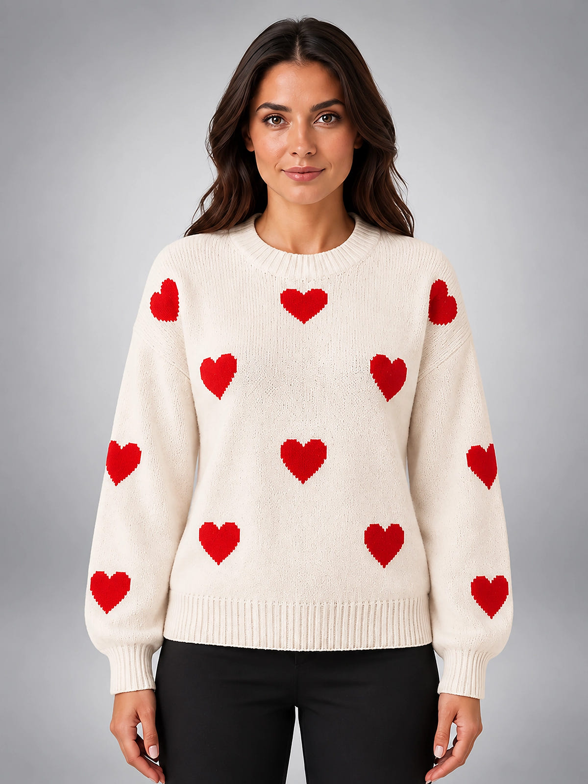 Women's Heart Print Crewneck Sweater – Two Tone Knit - Ivory/Red