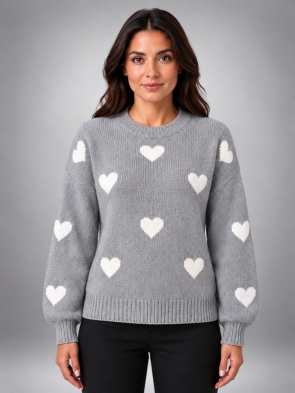Women's Heart Print Crewneck Sweater – Two Tone Knit - Gray/Ivory