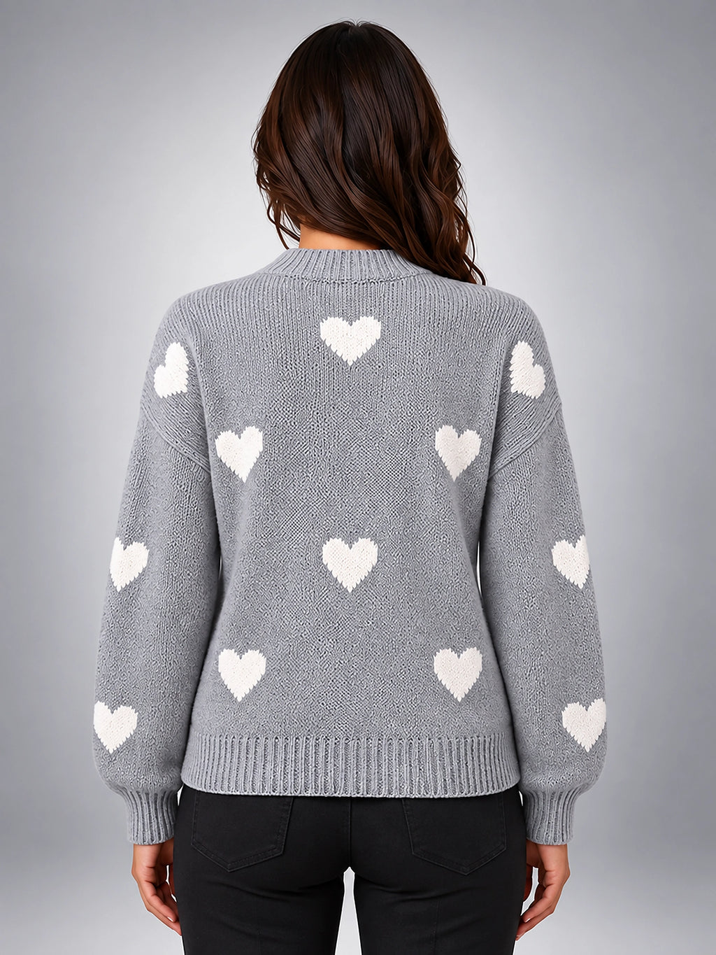 Women's Heart Print Crewneck Sweater – Two Tone Knit - Gray/Ivory