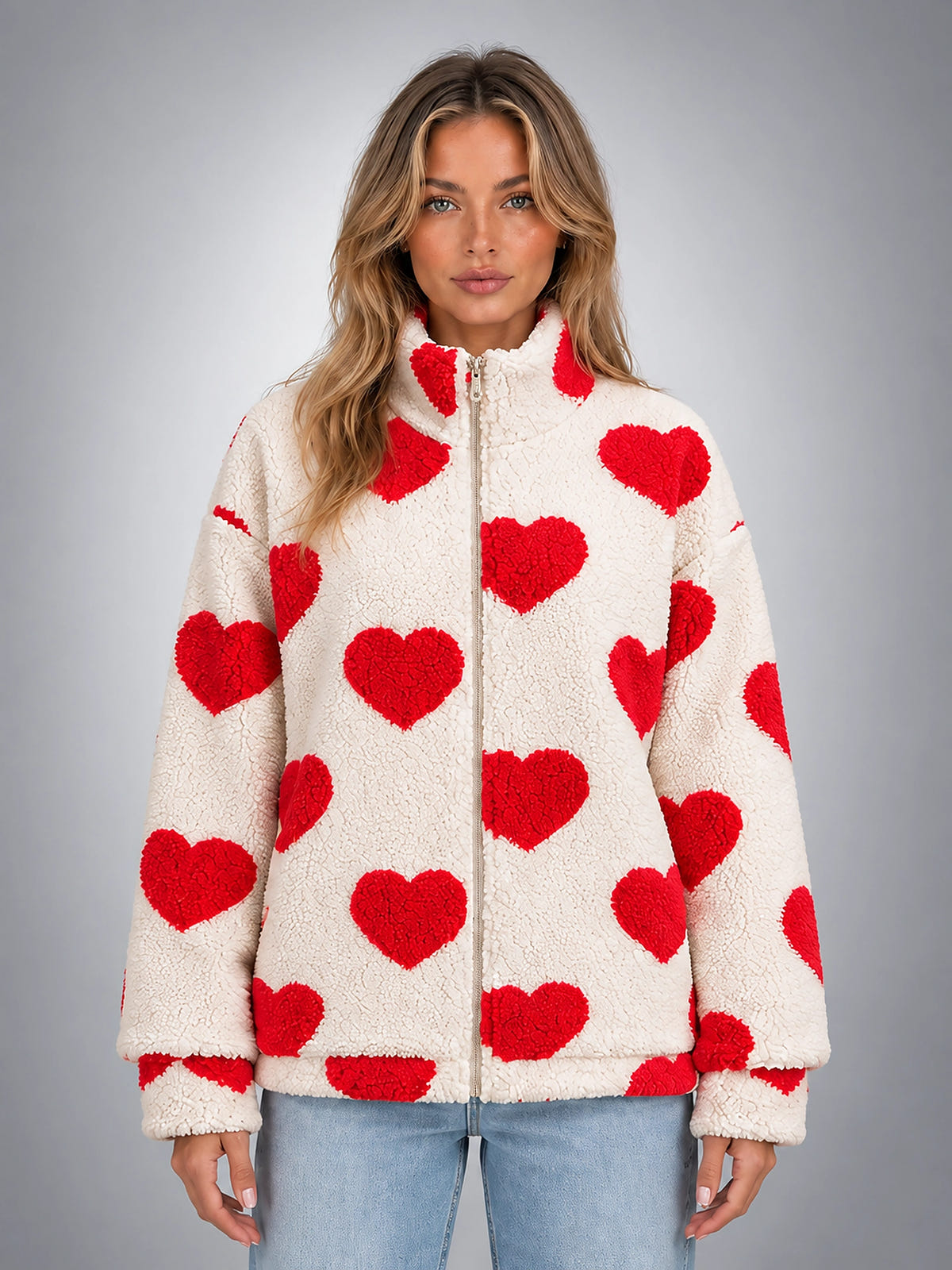 Women's Sherpa Fleece Jacket – Heart Print Full Zip - Cream/Red