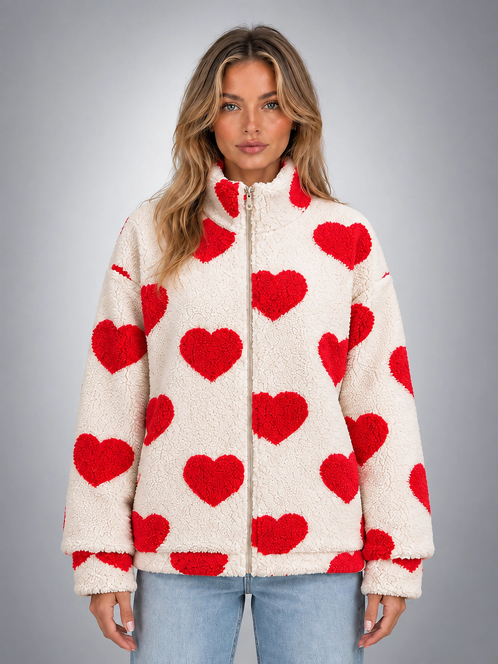 Women's Sherpa Fleece Jacket – Heart Print Full Zip - Cream/Red