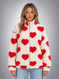 Women's Sherpa Fleece Jacket – Heart Print Full Zip - Cream/Red