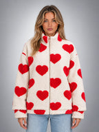 Women's Sherpa Fleece Jacket – Heart Print Full Zip - Cream/Red