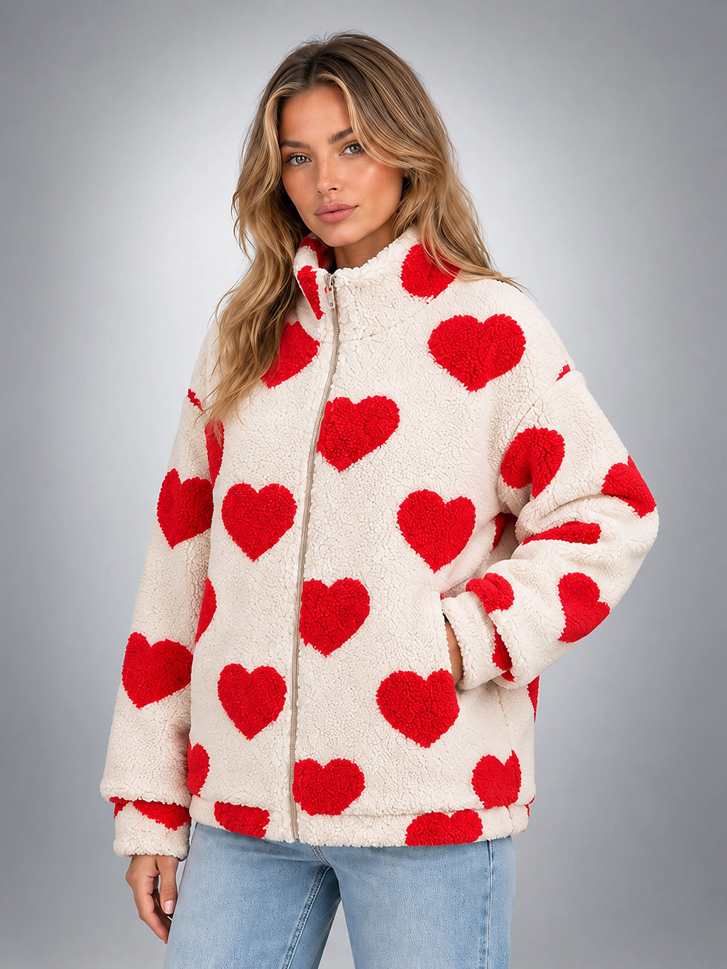 Women's Sherpa Fleece Jacket – Heart Print Full Zip - Cream/Red