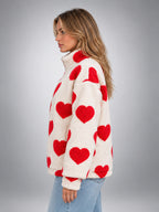 Women's Sherpa Fleece Jacket – Heart Print Full Zip - Cream/Red